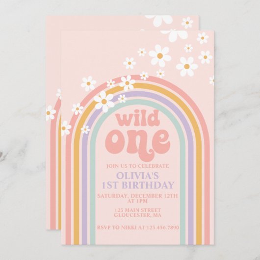 Daisy Wild One boho floraler Regenbogen zum ersten Einladung (Vorne/Hinten)