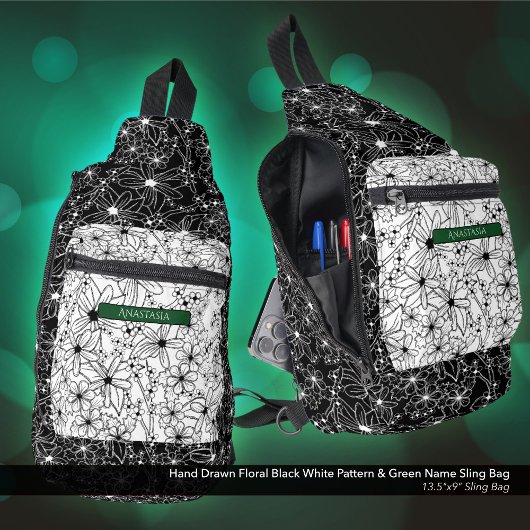 Daisy Wildblume Schwarz-weißes Muster und grüner N Crossbody Bag