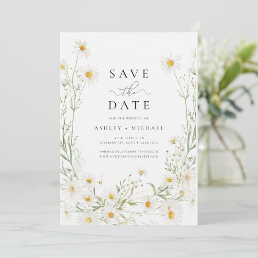Daisy Wildblume White Boho Minimalistisch Save The Date (Stehend Vorderseite)