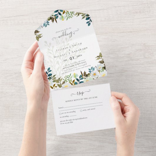 Daisy Wildblumen Greenerity Wedding All In One Einladung (Abreißen)