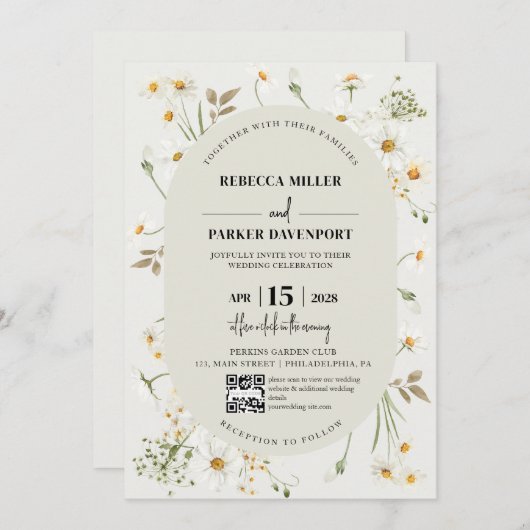 Daisy-Wildblumen moderner QR-Code für Hochzeiten Einladung (Vorne/Hinten)