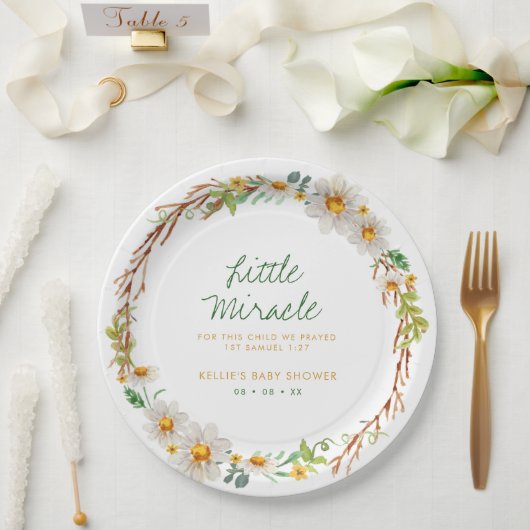 Daisy Wreath Little Miracle Baby Shower Scripting Pappteller (Hochzeit)
