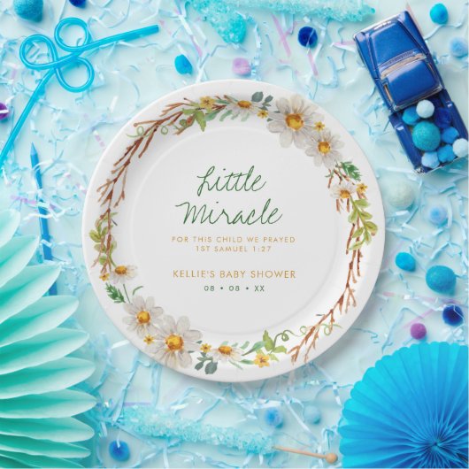 Daisy Wreath Little Miracle Baby Shower Scripting Pappteller (Party)