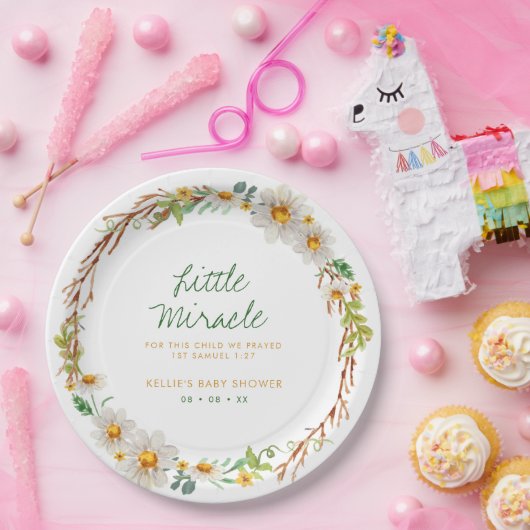Daisy Wreath Little Miracle Baby Shower Scripting Pappteller (Party)