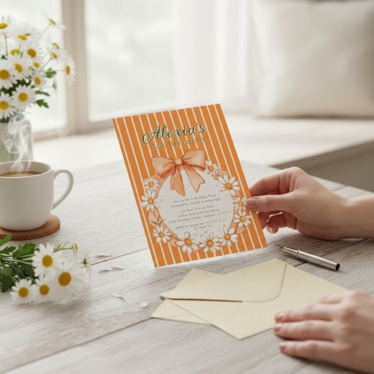 Daisy Wreath Orange Stripe Birthday invitation Einladung