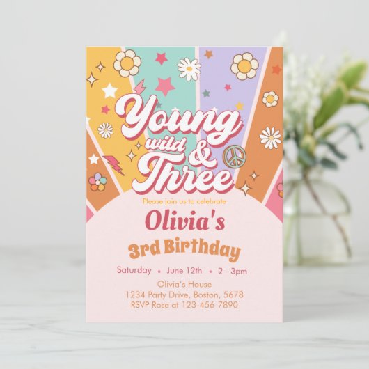 Daisy Young Wild 3. Geburtstag Einladung (Stehend Vorderseite)