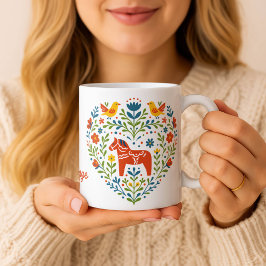 Dala Horse Folk Art Hygge Heart Pattern Mug Kaffeetasse