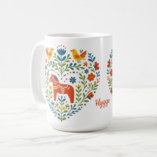 Dala Horse Folk Art Hygge Heart Pattern Mug Kaffeetasse (Vorderseite Links)