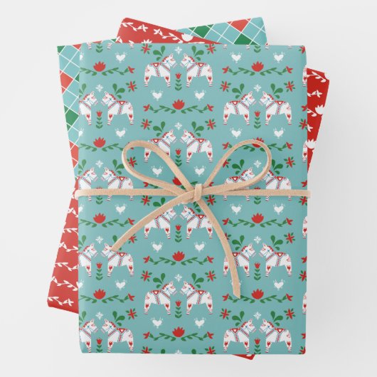 Dala Horses Mixed Christmas Patterns Geschenkpapier Set (Beispiel)
