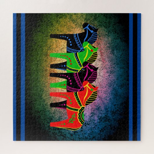 Dala Pferd, rot, grün, blau, schwarz, Folkspferd Puzzle (Horizontal)