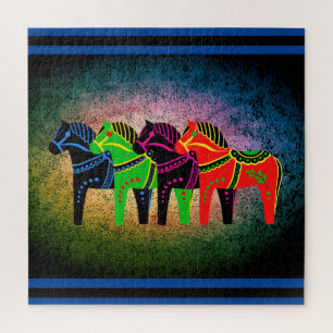 Dala Pferd, rot, grün, blau, schwarz, Folkspferd Puzzle