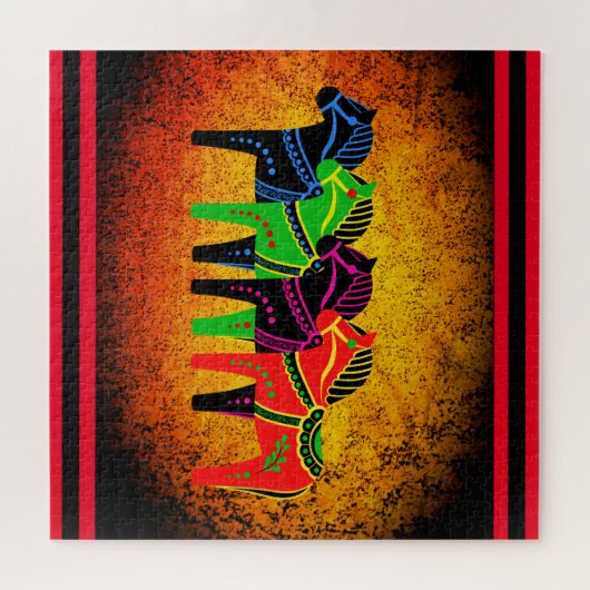 Dala Pferd, rot, grün, blau, schwarz, Folkspferd Puzzle (Horizontal)