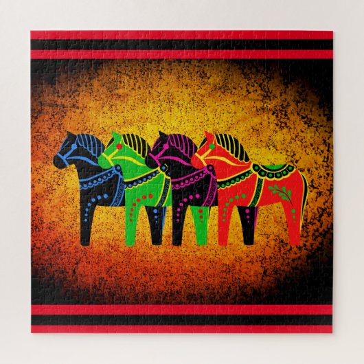 Dala Pferd, rot, grün, blau, schwarz, Folkspferd Puzzle (Vertikal)