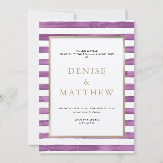 Dalia Lila Wasserfarben Streifen und Goldschrift Einladung (Vorderseite)