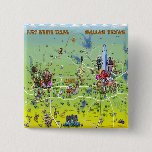 Dallas Fort Worth Cartoon Karte Button (Vorderseite)