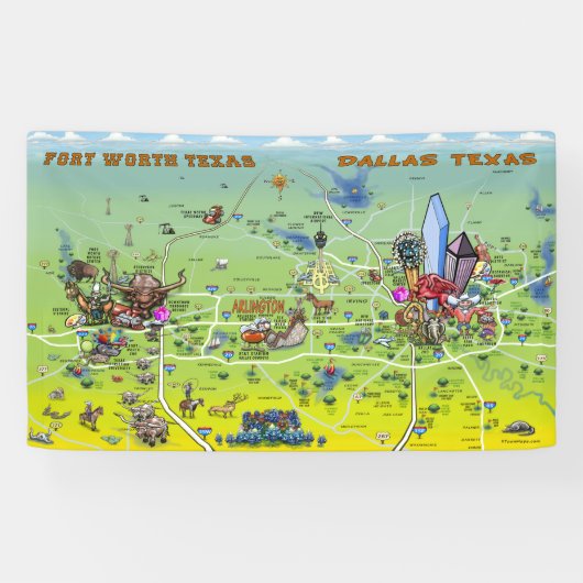 Dallas Fort Worth Texas Cartoon Karte Banner (Horizontal)
