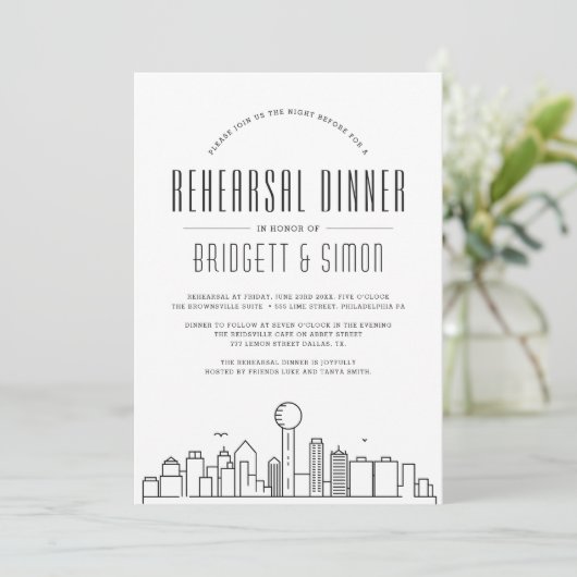 Dallas Probe Dinner | City Skyline Einladung (Stehend Vorderseite)