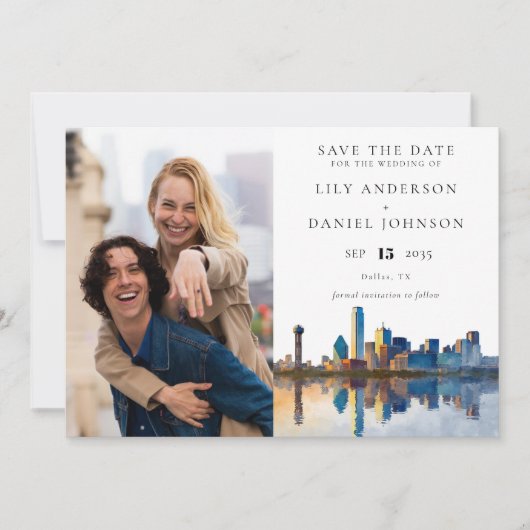 Dallas Skyline Aquarell-Foto-Hochzeit Save The Date (Vorderseite)
