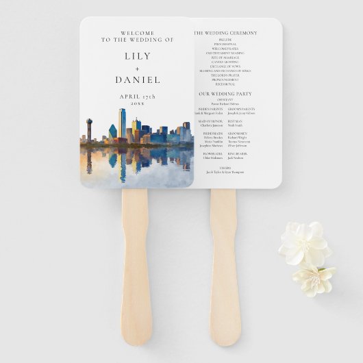 Dallas-Skyline-Aquarell-Hochzeitsprogramm Fächer (Vorne und Hinten)