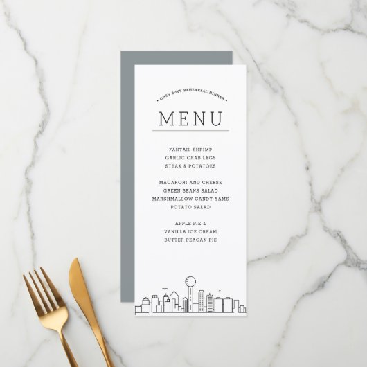 Dallas Skyline | Menü für Hochzeiten Menükarte (Vorderseite/Rückseite Beispiel)