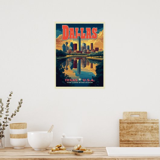 Dallas Skyline Retro Travel Poster (Küche)