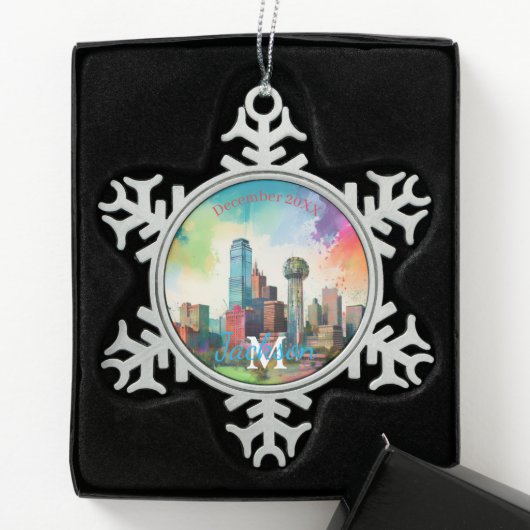 Dallas Skyline Snowflake Pewter Weihnachtsschmuck Schneeflocken Zinn-Ornament (Box)
