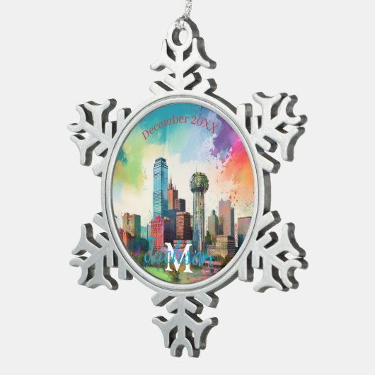 Dallas Skyline Snowflake Pewter Weihnachtsschmuck Schneeflocken Zinn-Ornament (Rechts)