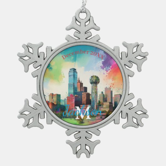 Dallas Skyline Snowflake Pewter Weihnachtsschmuck Schneeflocken Zinn-Ornament (Vorderseite)