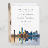 Dallas Skyline Watercolor Photo Wedding Save The Date (Vorne/Hinten)