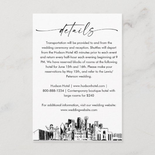 Dallas Skyline Wedding Details Card, 3.5x5 Begleitkarte (Vorderseite)