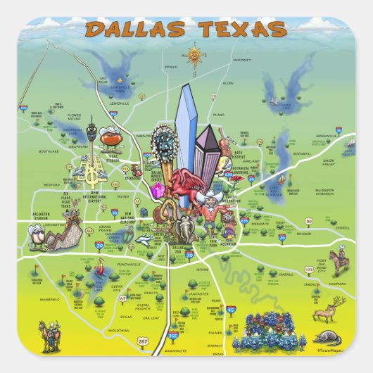 Dallas Texas Cartoon Map Quadratischer Aufkleber (Vorderseite)