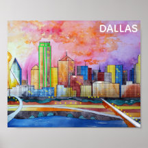 Dallas Texas Watercolor City Skyline
