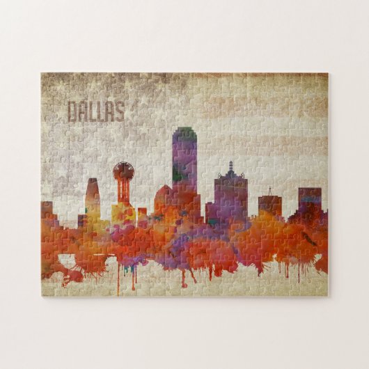 Dallas, TX | Aquarell-Stadt-Skyline Puzzle (Horizontal)