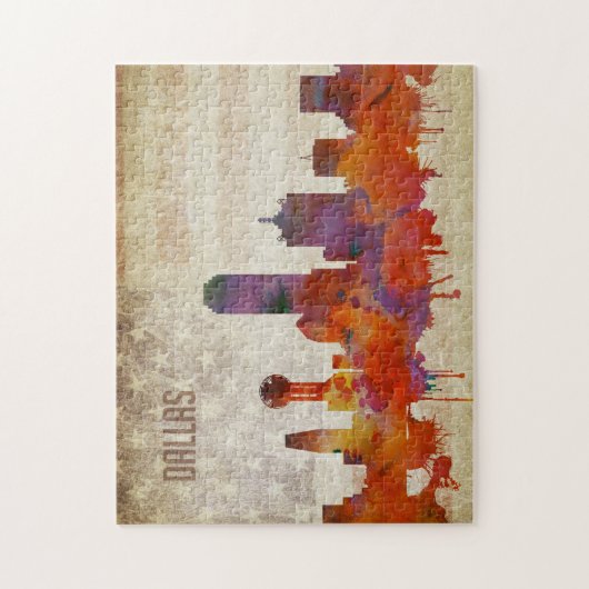 Dallas, TX | Aquarell-Stadt-Skyline Puzzle (Vertikal)