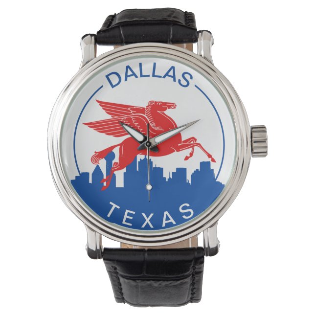 Dallas TX Armbanduhr mit Skyline und Pegasus Masko (Vorderseite)