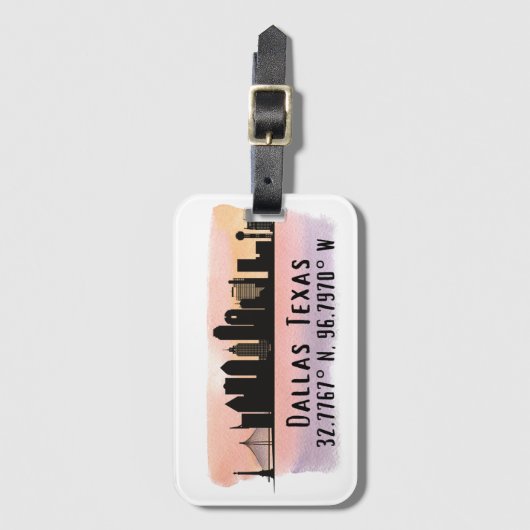 Dallas TX Skyline Latitude und Länge Gepäckanhänger (Vorderseite Vertikal)