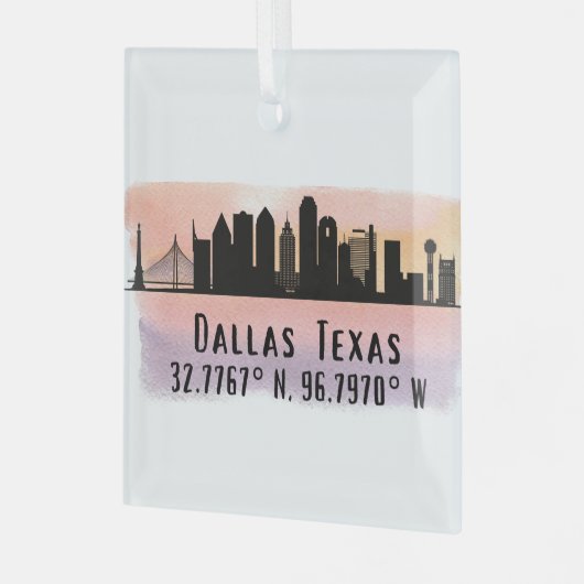 Dallas TX Skyline Latitude und Länge Ornament Aus Glas (Vorderseite links)