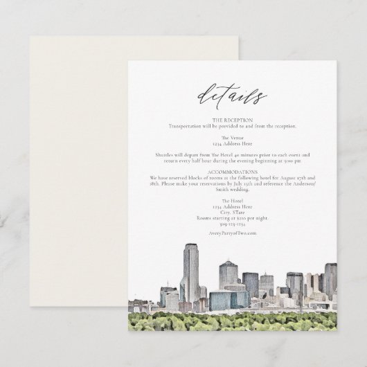 DALLAS Watercolor Skyline Wedding Details Card Einladung (Vorne/Hinten)