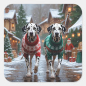 Dalmatian Dogs Christmas Snow Holiday Quadratischer Aufkleber (Vorderseite)
