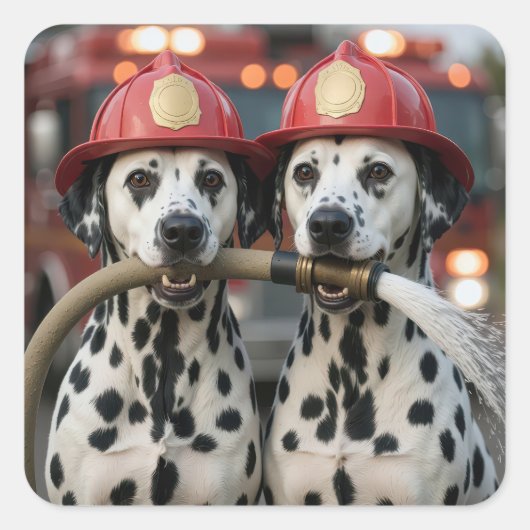 Dalmatian Dogs Holding a Fireman Hose Quadratischer Aufkleber (Vorderseite)