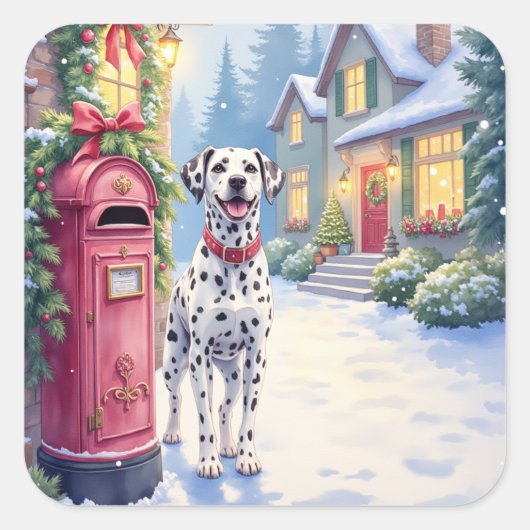 Dalmatian Festive Mailbox Christmas Art Quadratischer Aufkleber (Vorderseite)