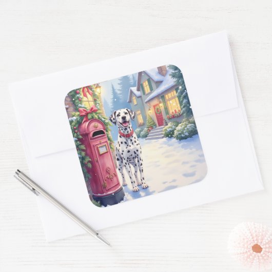 Dalmatian Festive Mailbox Christmas Art Quadratischer Aufkleber (Umschlag)