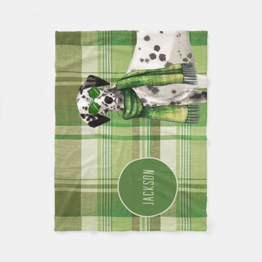 Dalmatian on Green Plaid with Dog's Name Fleecedecke (Vorderseite)