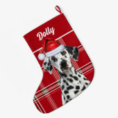 Dalmatian Santa Red Holiday Plaid and Dogs Name Großer Weihnachtsstrumpf (Rückseite (Hängend))