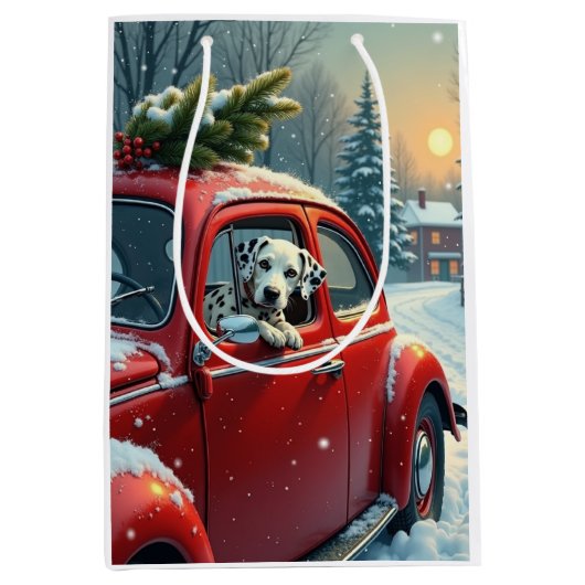 Dalmatian Snowy Car Ride Christmas Painting Mittlere Geschenktüte (Vorderseite)