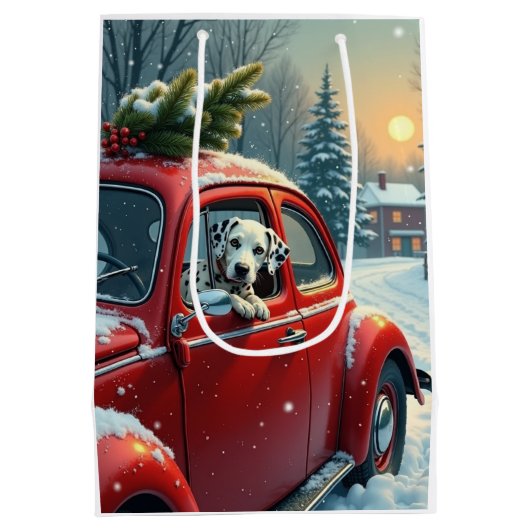 Dalmatian Snowy Car Ride Christmas Painting Mittlere Geschenktüte (Rückseite)