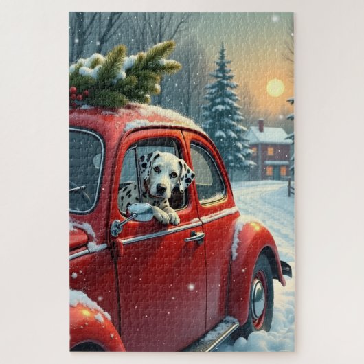 Dalmatian Snowy Car Ride Christmas Painting Puzzle (Vertikal)
