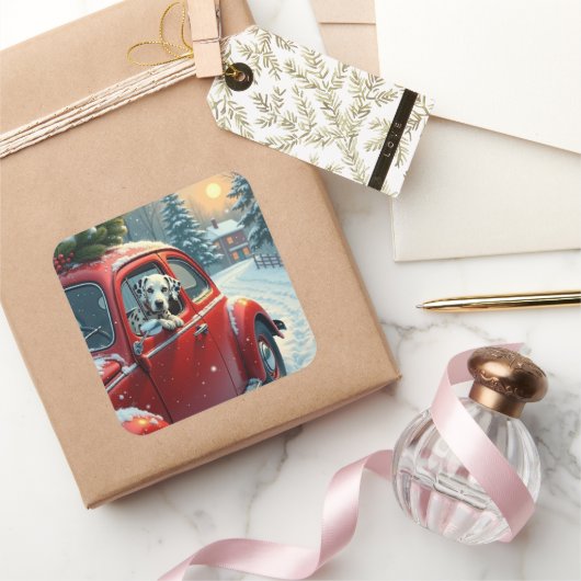 Dalmatian Snowy Car Ride Christmas Painting Quadratischer Aufkleber (Schenken)