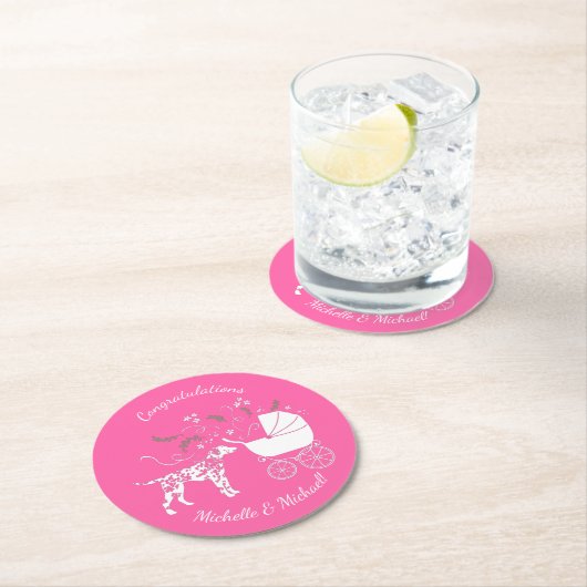 Dalmatiner Dog Baby Dusche Puppy Pink Girl Runder Pappuntersetzer (Vor Ort)