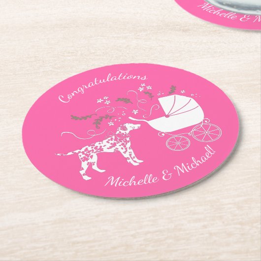 Dalmatiner Dog Baby Dusche Puppy Pink Girl Runder Pappuntersetzer (Angewinkelt)